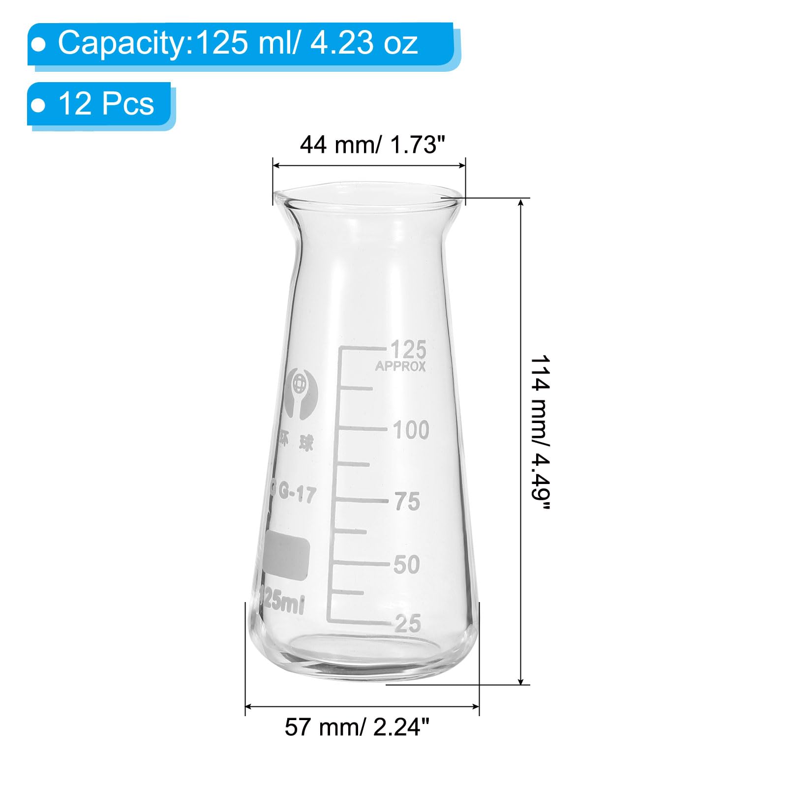 PATIKIL Matraccio Conico, 12 Pezzi 125ml 4.23oz Bocca Stretta Con misura In Vetro Borosilicato Per Esperimenti Di Laboratorio Chimica Studio Scientifico
