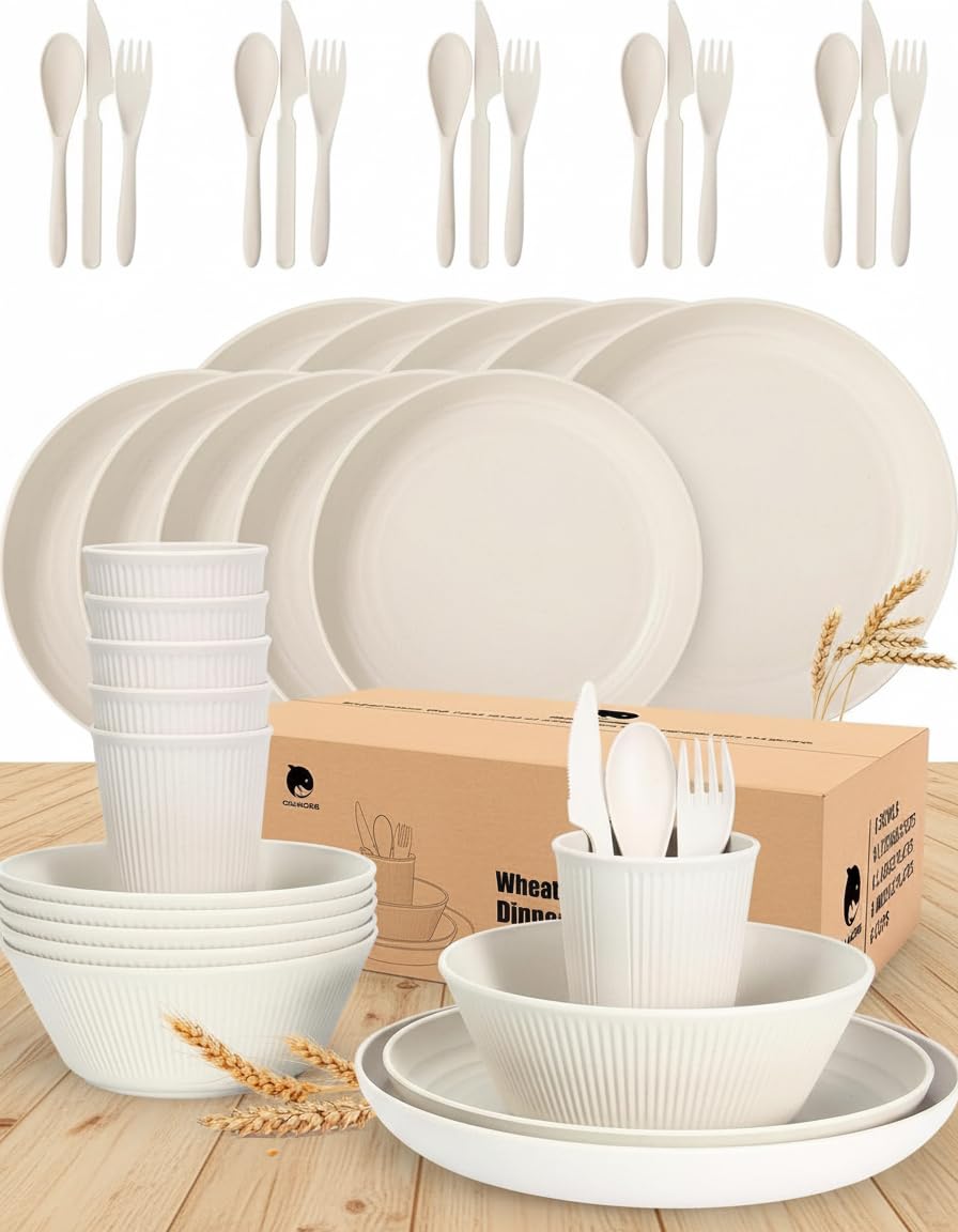 OAMCEG Wheat Straw Dinnerware Sets 42 Pcs, Plastic Wheatstraw Plates and Bowls Sets Kitchen Set for 6, Unbreakable Dishwasher Microwave Safe Dinnerware Dish, Kitchen Outdoor Camping Dishes, White