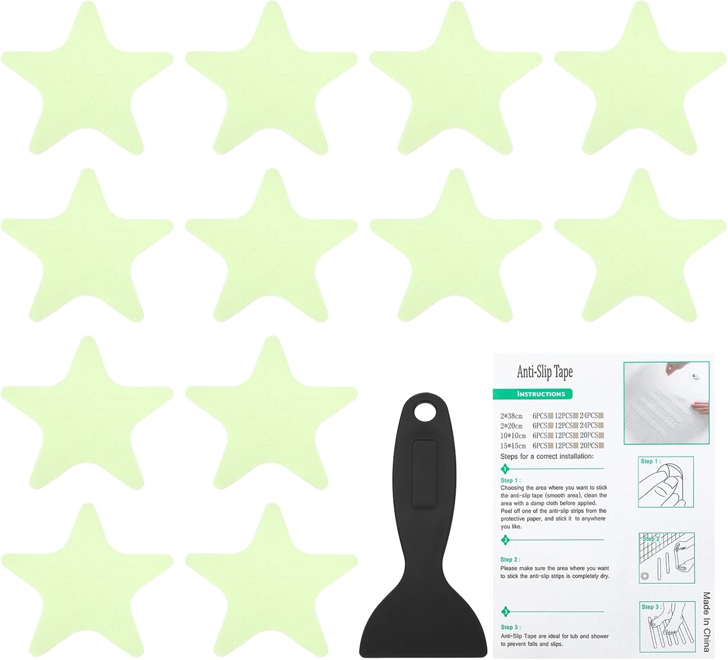 PATIKIL Bathtub Non Slip Stickers, 36 Pack Star Safety Shower Floor Anti Slip Stickers with Adhesive Decals Scraper for Bath Tub Shower Floor Stair, Light Green