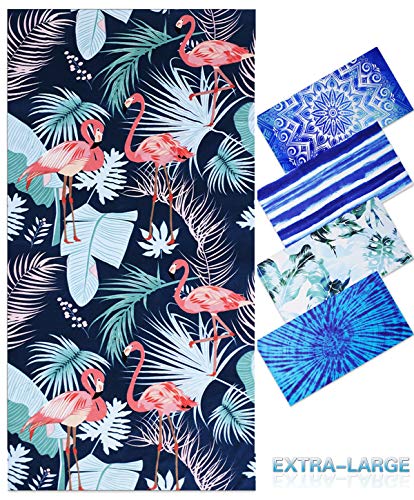Genovega Microfiber Beach Towel Oversize, Extra Large 74"x36", Flamingo Tropical Hawaiian Fast Quick