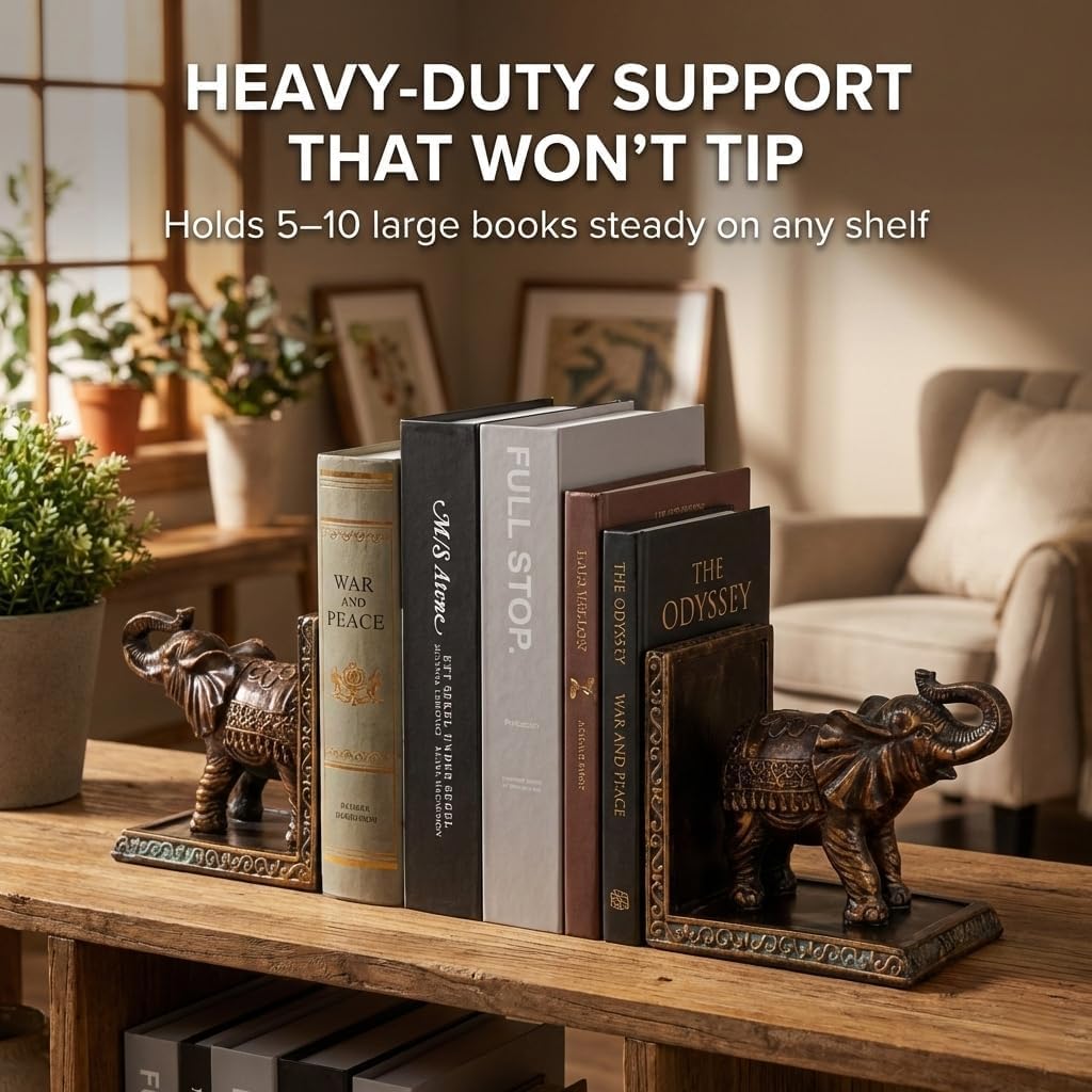 Elephant Book Ends for Shelves, Vintage Decorative Book Ends for Heavy Books, Non-Slip Resin Bookends for Bookshelf Decor, Desk Home Office Kitchen Coffee Table Living Room Decor