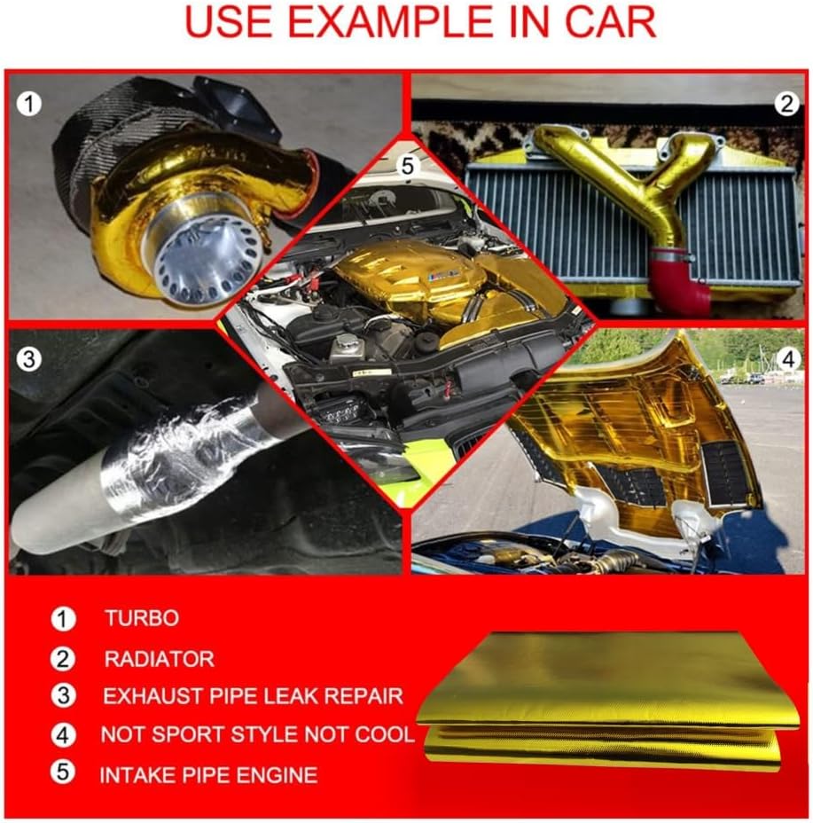 12'' X 48'' Gold Adhesive Heat Shield ReflectiveTape Wrap Roll Compatible Thermal Barrier Adhesive Backed Heat Sleeve Up To 2000 Degrees Fahrenheit with Car Intake Pipe, Engine Bay etc.