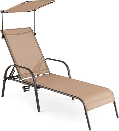 Giantex Tumbona para patio, silla de playa al aire libre con toldo ajustable, portavasos, respaldo de 5 niveles, tumbona para tomar el sol con marco