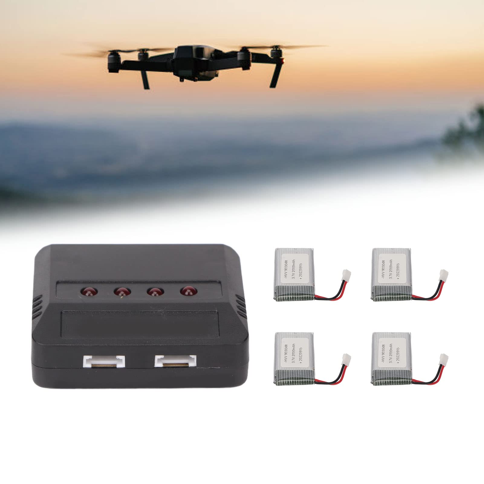 Lot de 4 Batteries de Drone 903048 3.7V 2000mAh Rechargeables Batterie Drone 3.7v 2000mah Batterie Lipo pour RC UAV, avec Chargeur Portable Batteries