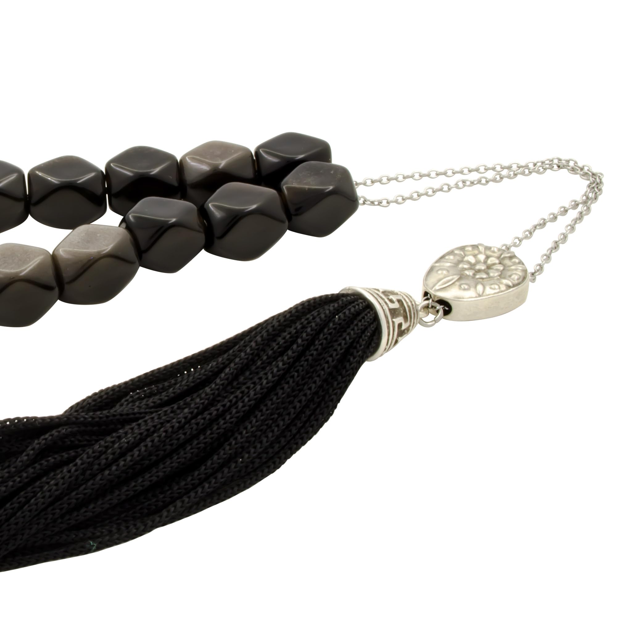 Stahlkette Rhombus schwarzer Obsidian griechische Komboloi Sorgenperlen