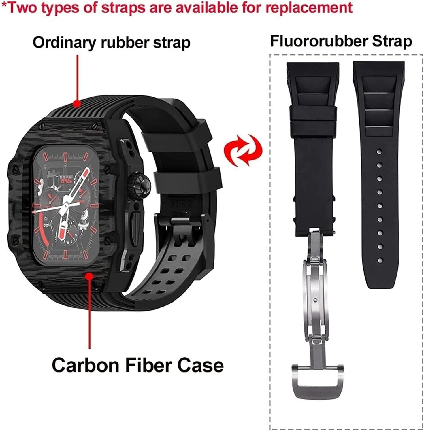Premium Carbon Fiber Protective Case with Rubber Watch Band，For Apple Watch Ultra 49mm Luxury Soft Silicone Strap，For IWatch 8 7 6 5 4 SE 45/44mm Mod Kits