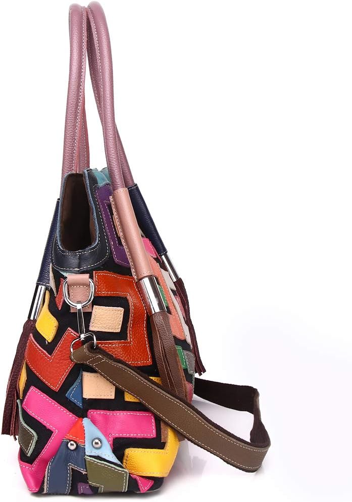 Women's Multicolor Big Boston Bag Genuine Leather RANDOM Colorful Patchwork Large Tote Handbag Hobo Crossbody Purses - Image 4