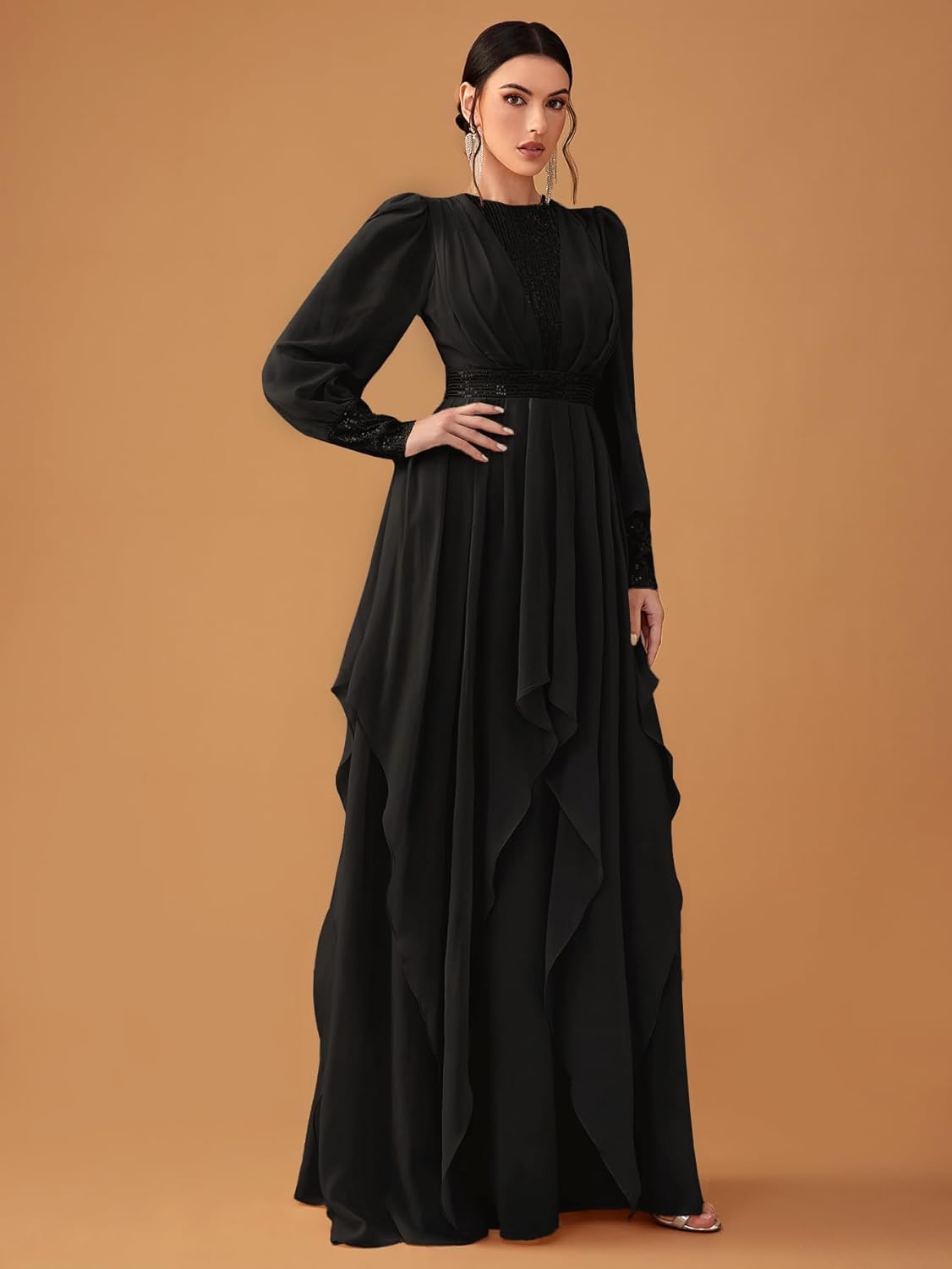 Giffniseti Women's Chiffon Long Sleeves Sequin Prom Maxi Dress Ruffle Hem Formal Evening Party Gowns