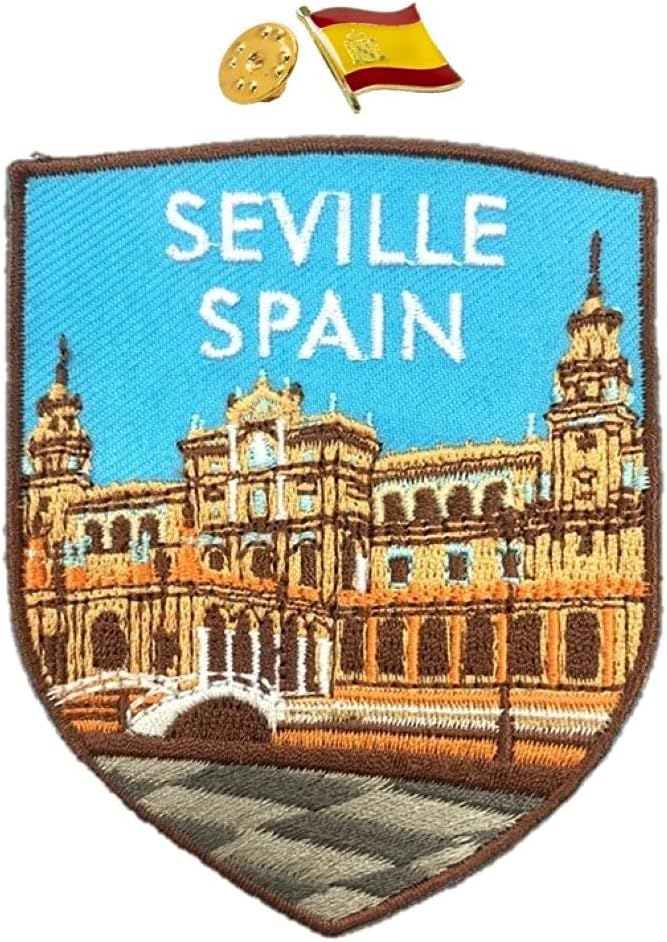 A-ONE 2 PCS Pack- Seville City Embroidery+Spain Flag Lapel Pin, Tapas City Souvenir, Quality Brooch, DIY Accessories for Costumes Decoration, Sew on Iron on Sleeves Shirts Jeans Jacketss NO.300P