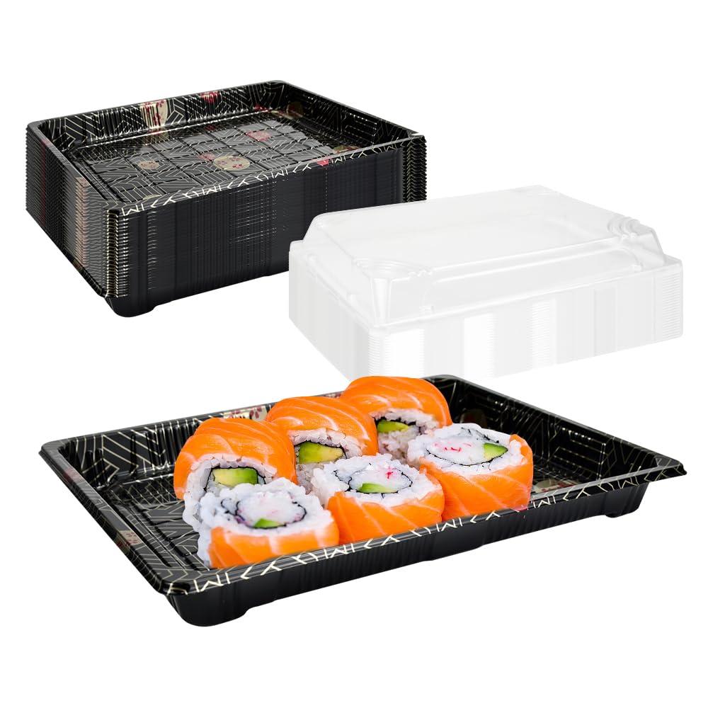 Plastic Buffet Catering Trays, 25 Pcs Sandwich Platter Trays with Lids Large Rectangle Food Cake Sandwich Platter Tray Set Reusable Buffet Trays Black Catering Trays for Party Food, 26 * 18.6 * 5cm