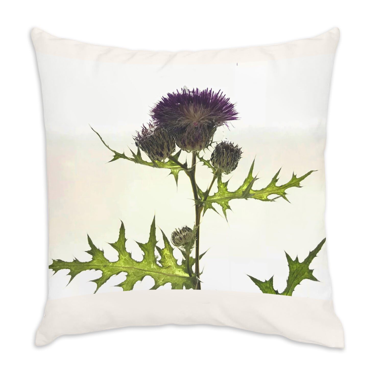 Coussin en velours blanc motif chardon violet 40x40 cm avec housse amovible et garnissage inclus