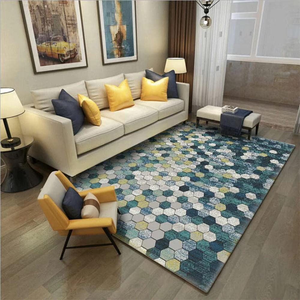 Tapis de chambre moderne jaune et bleu pour coin lecture enfant