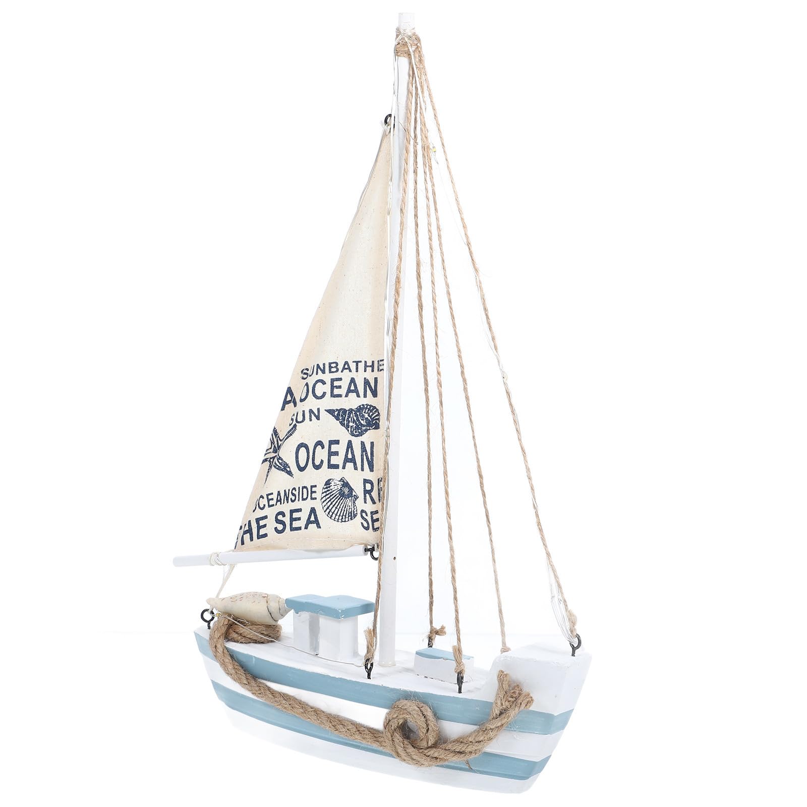 Barco de Vela de Madera con Luz LED Azul Adorno Mediterráneo para Mesa de Oficina
