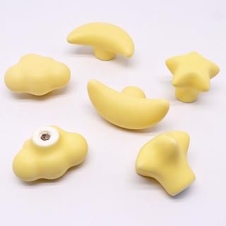 6pcs Ceramic Cabinet Knobs, Star Moon Cloud Shape Yellow Drawer Knobs, Unique Cute Drawer Pulls Handles Nursery Dresser Knob for Kitchen Room Cupboard Closet Vanity Decorative (Yellow)