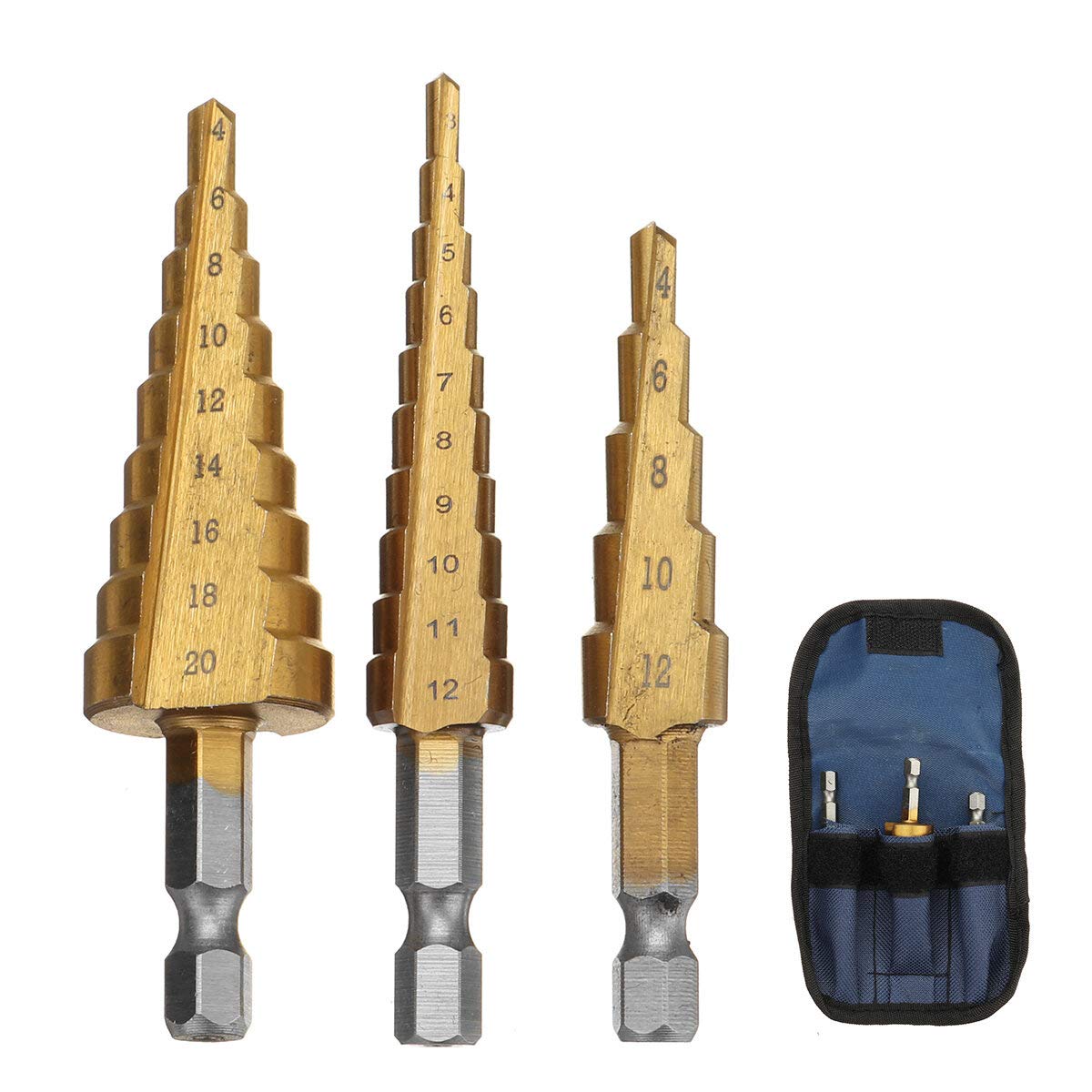 1/3PCS 4-12/20/32mm Juego de brocas escalonadas Cortador de orificios cónicos Broca chapada HSS (Size : 3PCS-LARGE)