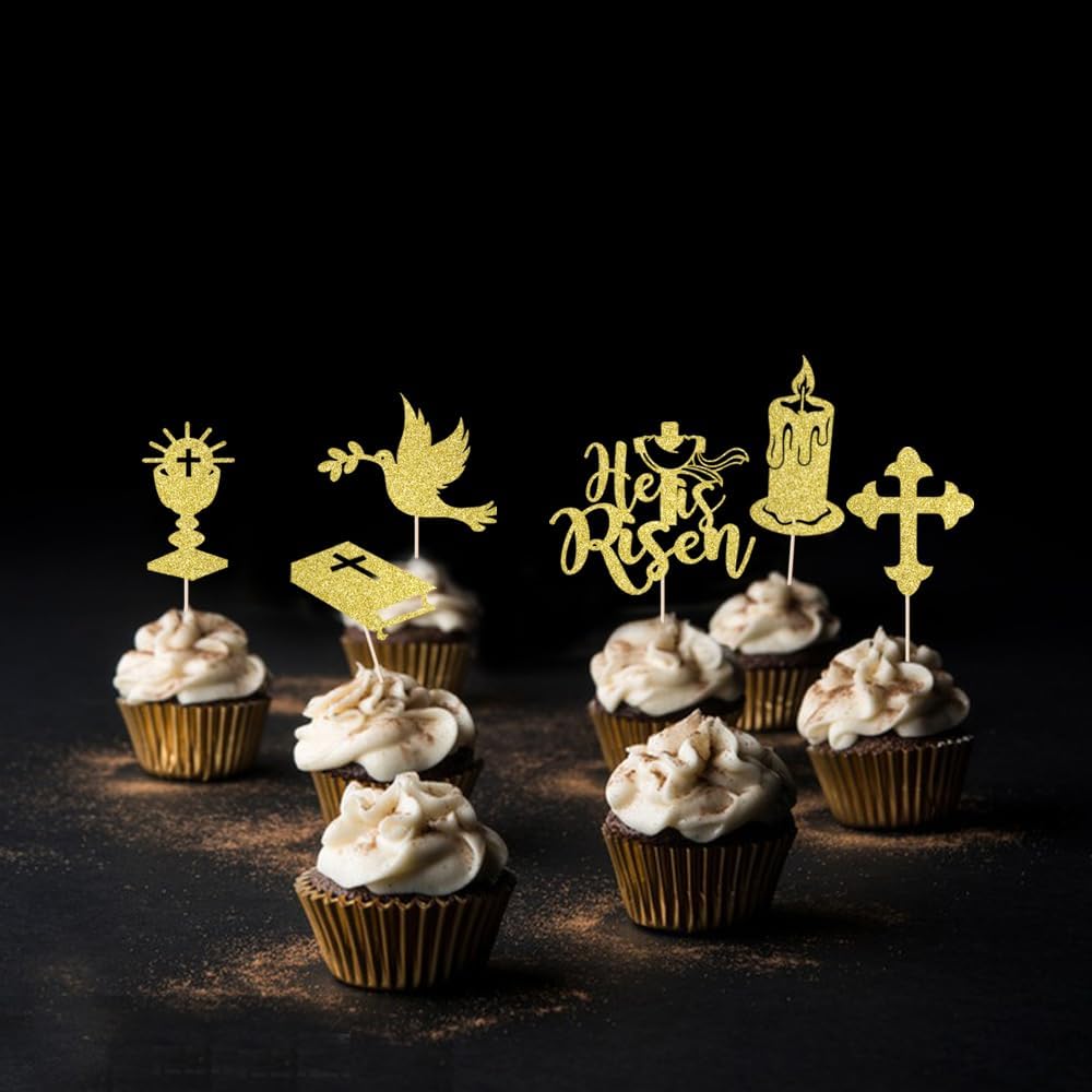 12 Pcs Cross Jesus Easter Cupcake Toppers，He is Risen Cupcake Picks Holy Bible God Bless Cake Decorations，Christianity Theme Baby Shower Kids Birthday Party Cake Decorations Supplies Gold