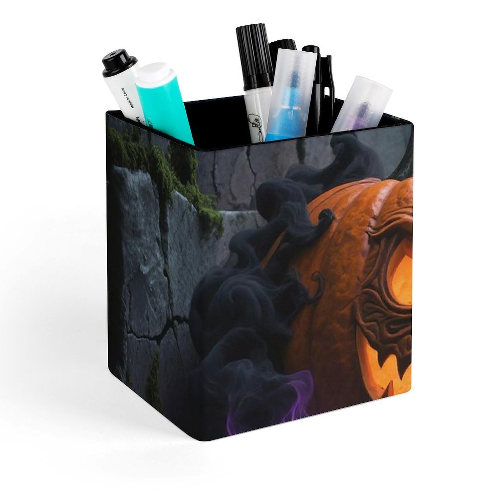 DWVTSLH Aesthetic Pen Holder for Desk - Modern Leather Pencil Holder - Stylish Square Makeup Brush Holder - Gothic Style Pumpkin Lantern Pen Cup Cute And Functional Desk Organizer for Office Supplies
