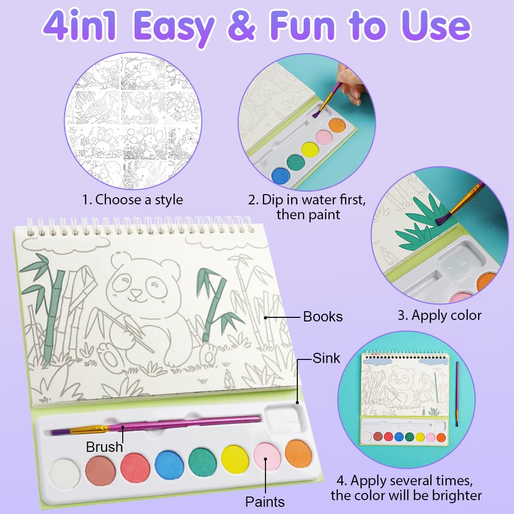 Kit De Pintura Con Agua AYESY 4 En 1 – Libro De Acuarelas De 24 Páginas Con Pincel Y Paleta, Ideal Para Niños De 3 A 8 Años, Regalo Creativo Y Educativo