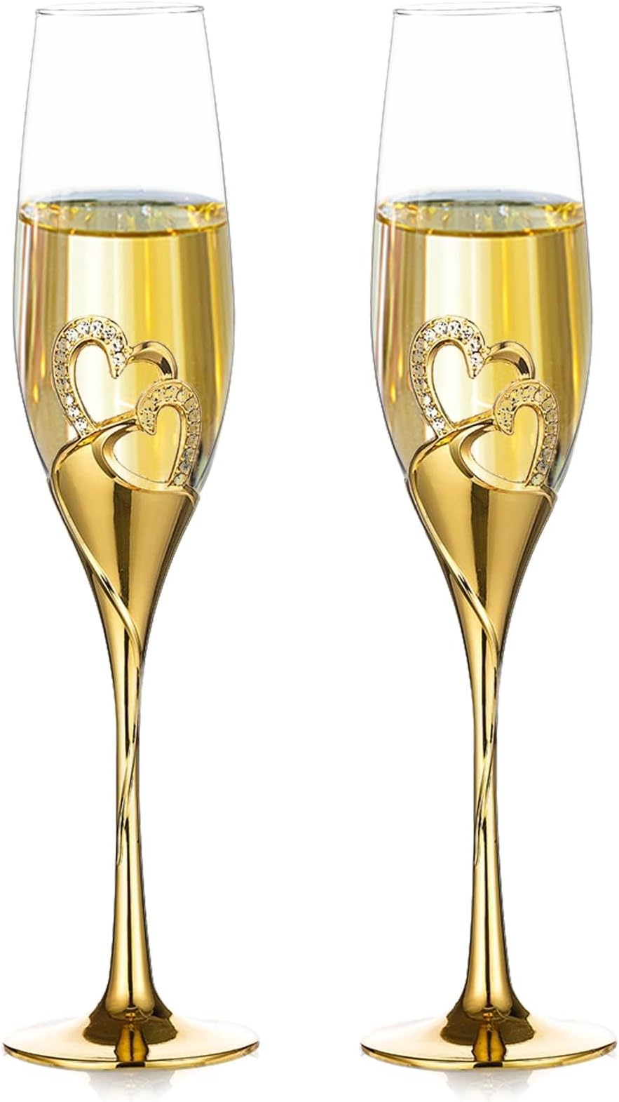 NUPTIO Gold Champagne Flutes Wedding: Set of 2 Heart Champagne Glasses Metal Crystals for Bride Groom Couples Engagement Gift