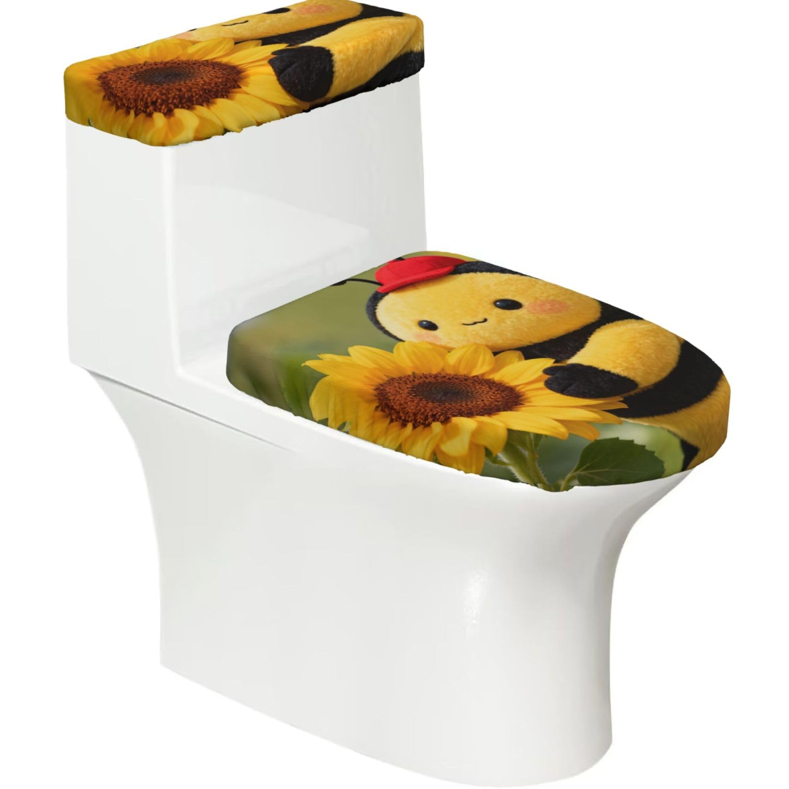 Cntdbu Black Honeybee Stretchy Toilet Lid And Tank Cover Set-Soft Elastic Bathroom Decor For U Shape Oval