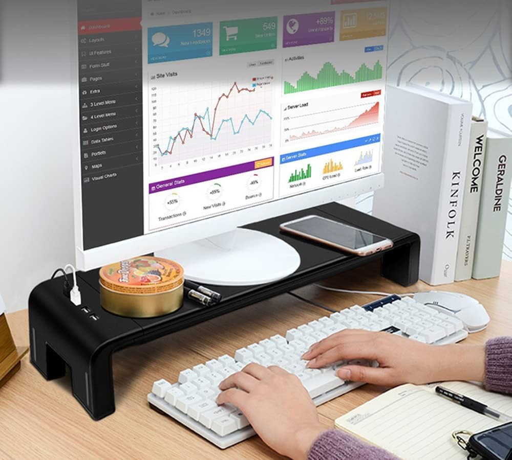 Suewow Supporto per monitor, supporto per computer, supporto per monitor, 4 porte USB di ricarica, supporto per laptop, stampante TV, fax, computer, iMac, MacBook, staffa in alluminio conveniente