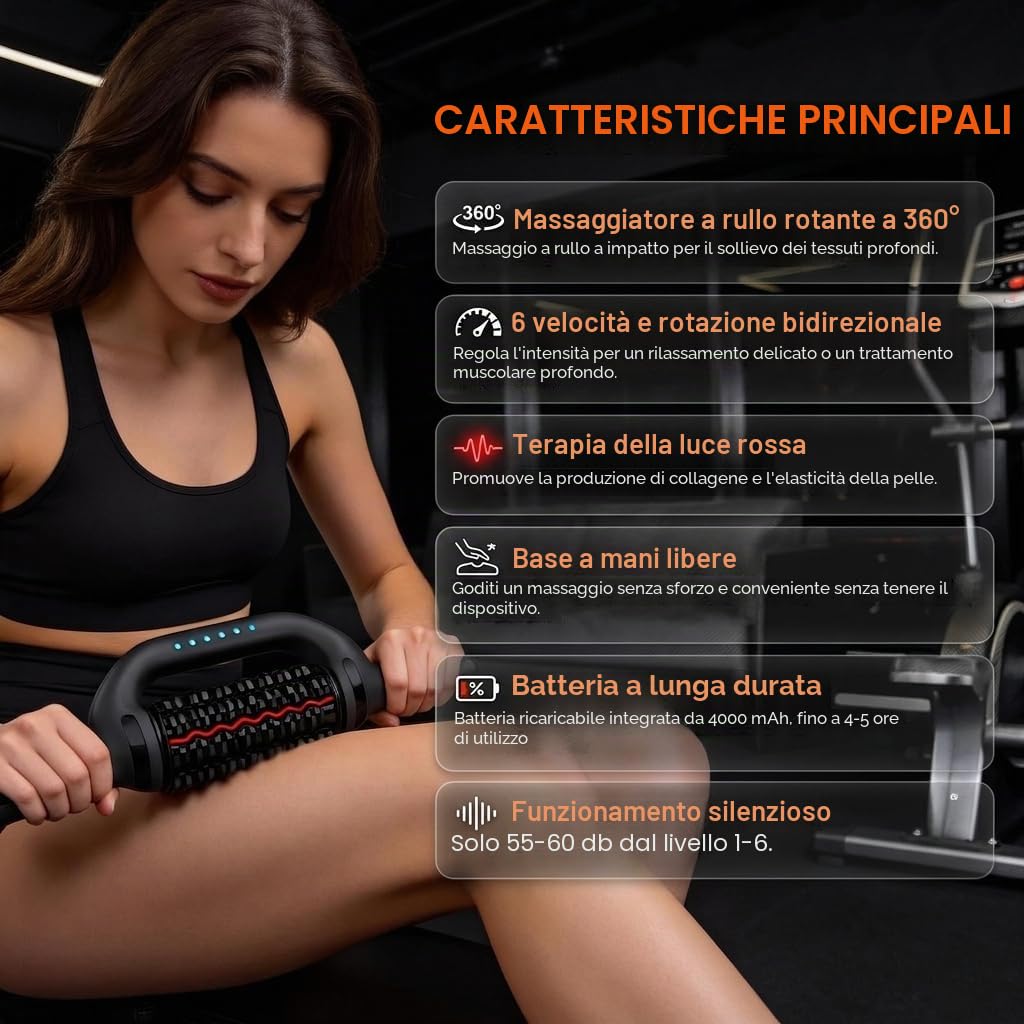 Rullo Massaggio Muscolare Elettrico con Redlight, Massaggiatore Elettrico a Rullo Anticellulite, 6 Velocità, Massaggiatore Tessuti Profondi, Drenaggio Linfatico e Recupero Muscolare