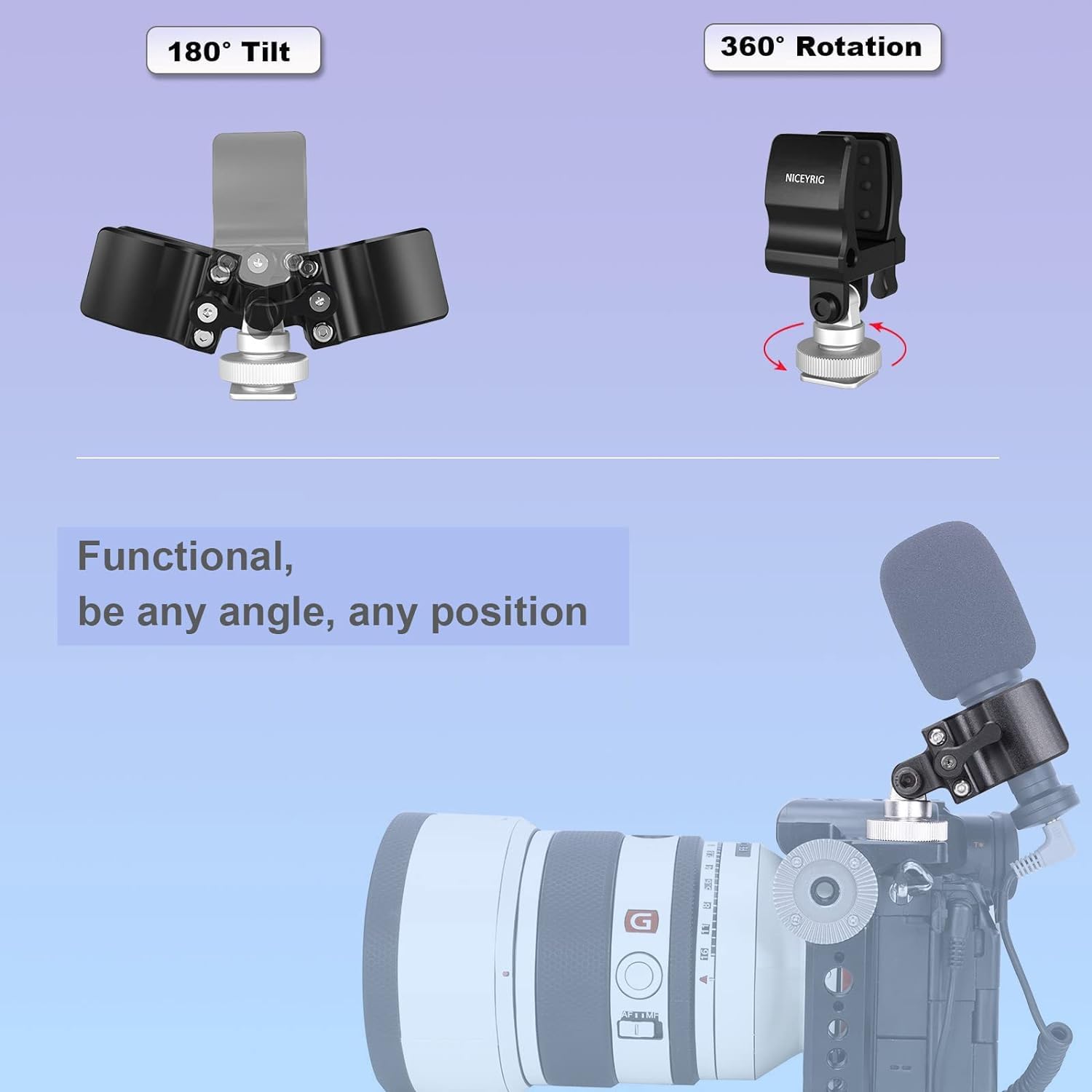 NICEYRIG Clip de Microphone avec mâchoire Qui s'ouvre de 18,5 à 35 mm, matériau en Alliage d'aluminium et Acier Inoxydable, Tampon Anti-Chocs en Silicone et Griffe inférieure et Trou fileté 1/4-549