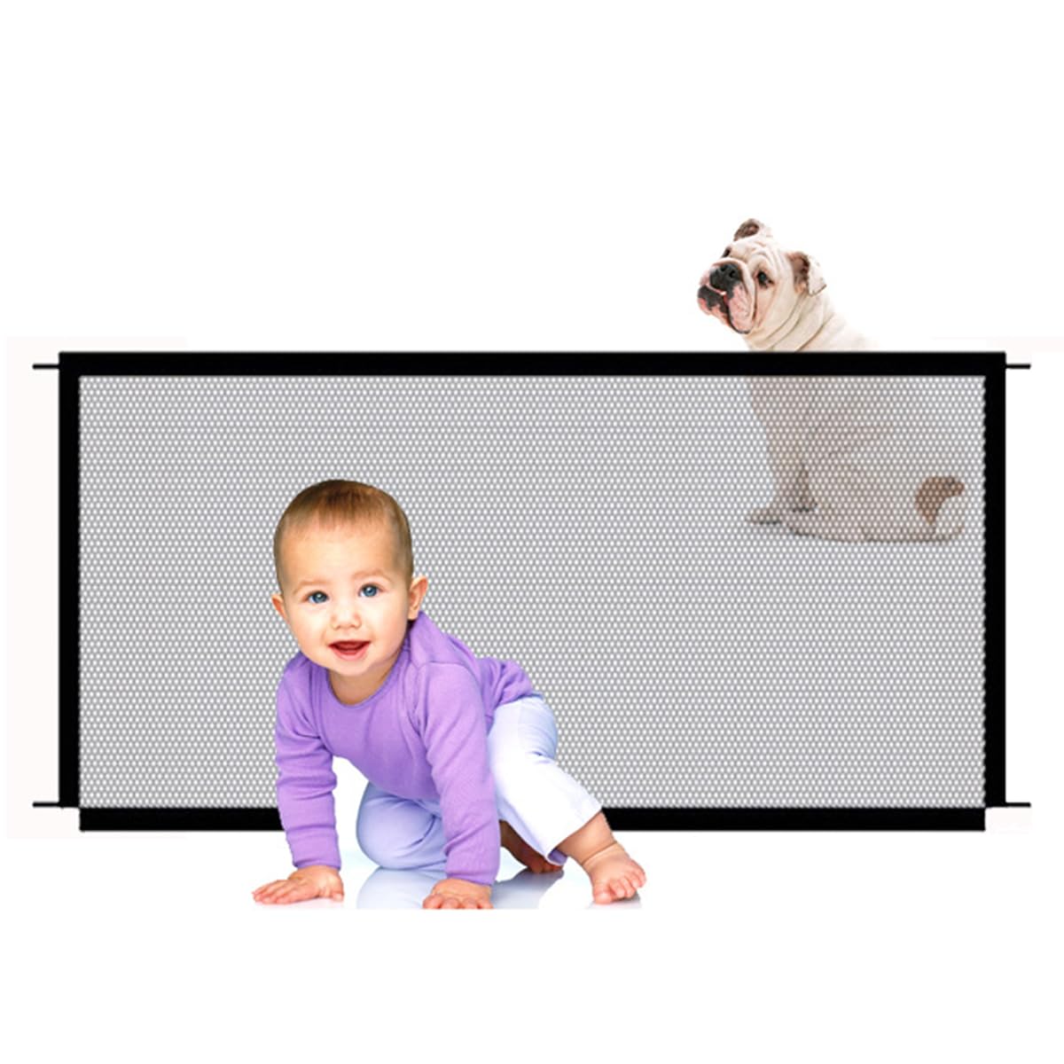 Zephyra Barrière Magique pour Chiens et Chats, Grille de Sécurité Pliable en Maille, 110x72 cm, Facile à Installer sans Perçage, Idéal pour Escaliers, Portes et Cuisines, avec 4 Crochets Adhésifs