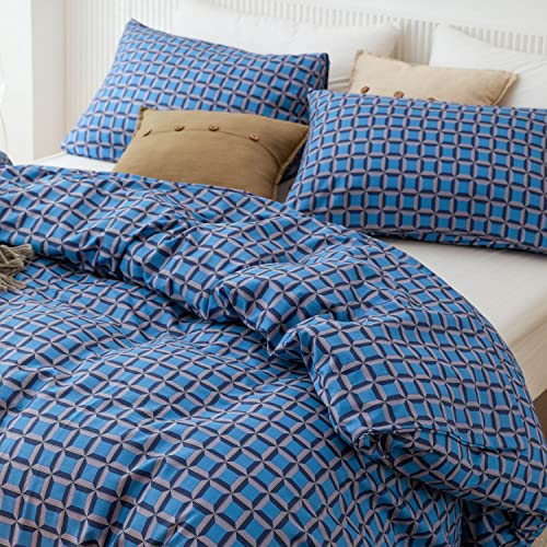 Ecocott Duvet Cover Sets Queen Size,3 Pieces 100% Natural Cotton Blue Tone Plaid Pattern 1 Duvet Cover With Zipper And 2 Pillowcases, Ultra Soft And Easy Care Breathable Cozy Bedding Set #TOP2