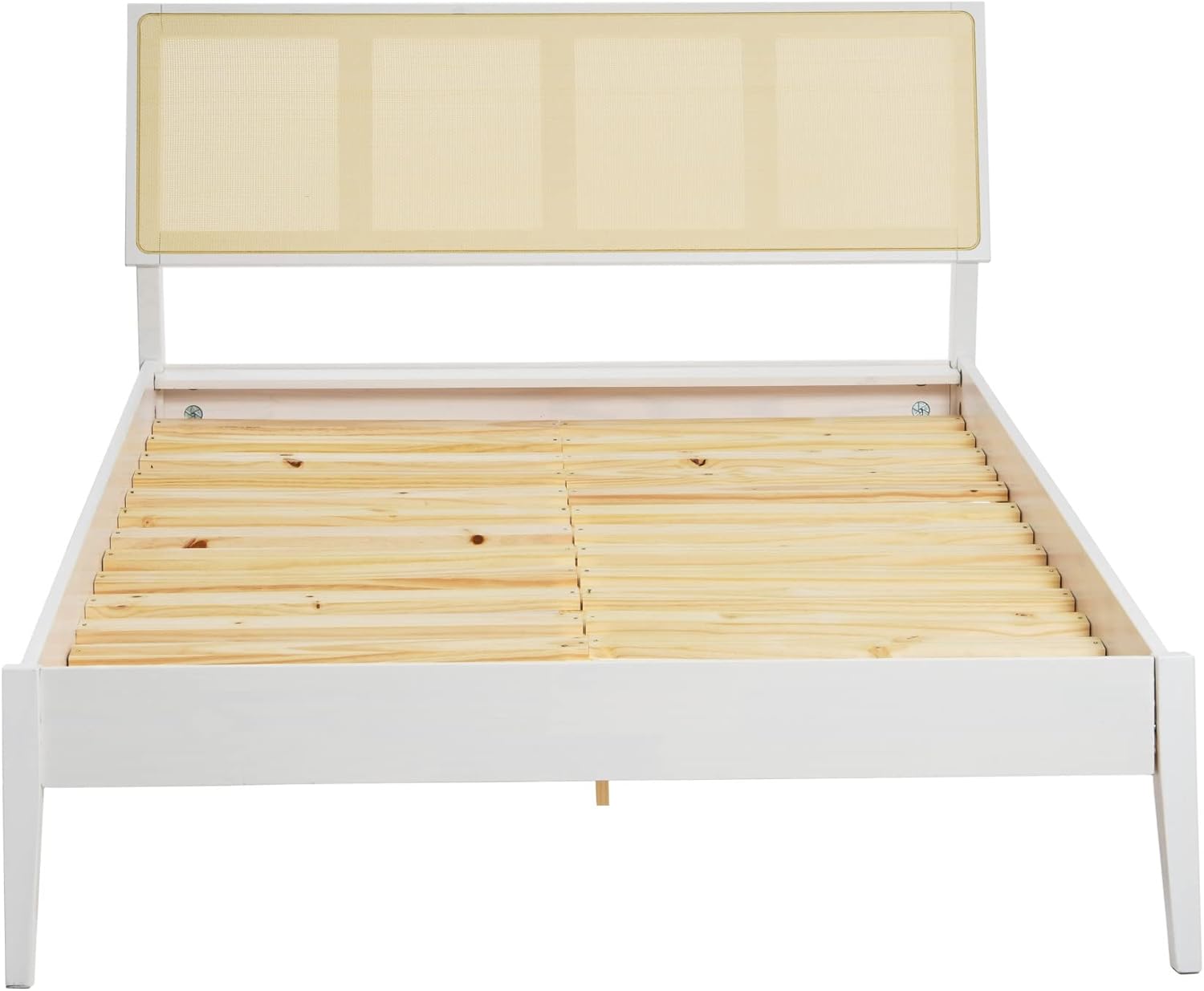 Creative Co-Op Crawford Modern Solid Wood Bed with Woven Cane Headboard, White, Queen