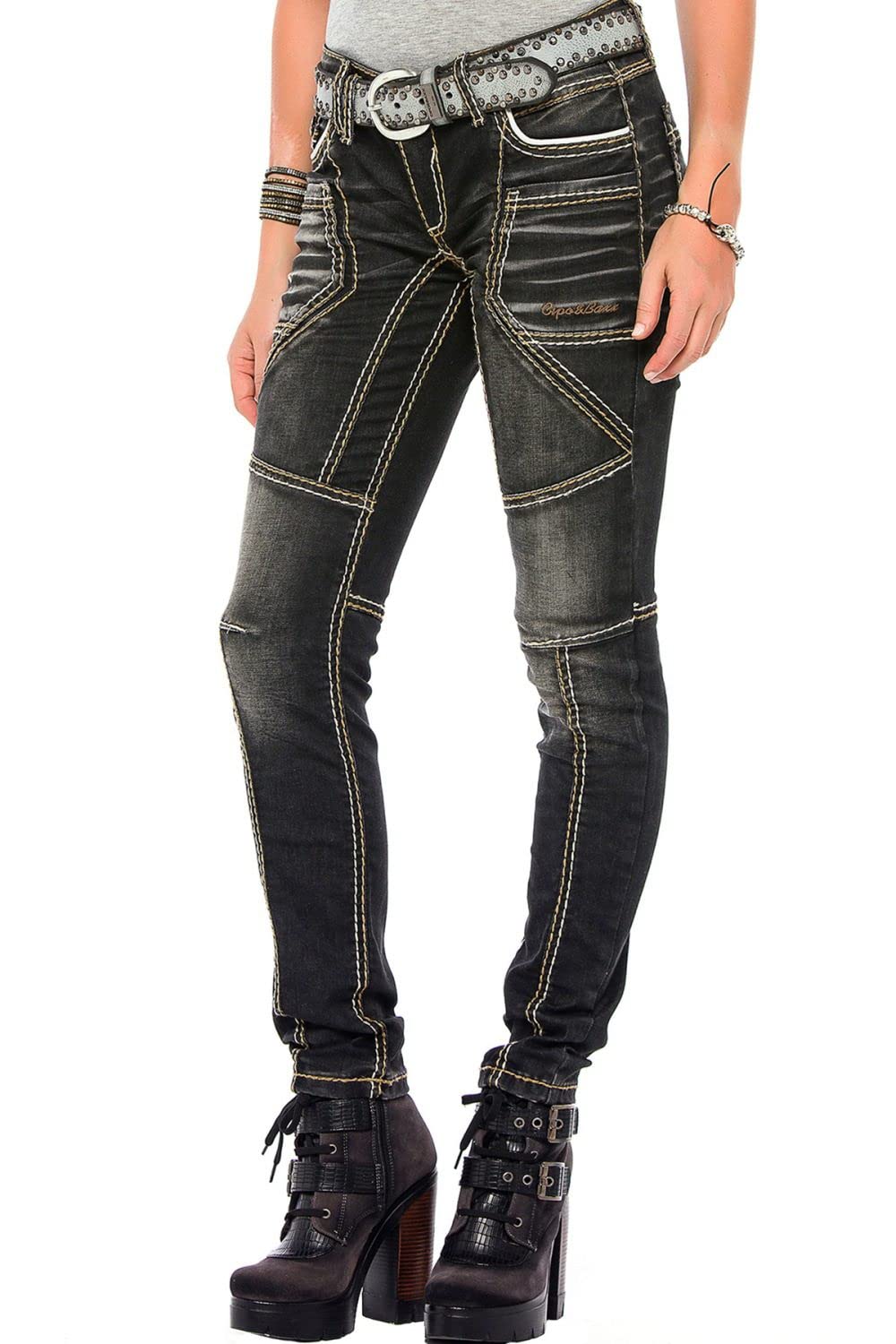 Cipo & Baxx Damen Jeans WD382 Schwarz - Slim Fit Straight Jeans Hose - Mit Extravagantem Nahtdesign, Atemberaubender Casual Look, Angenehmes Gefühl - WD382 Schwarz W28-L32