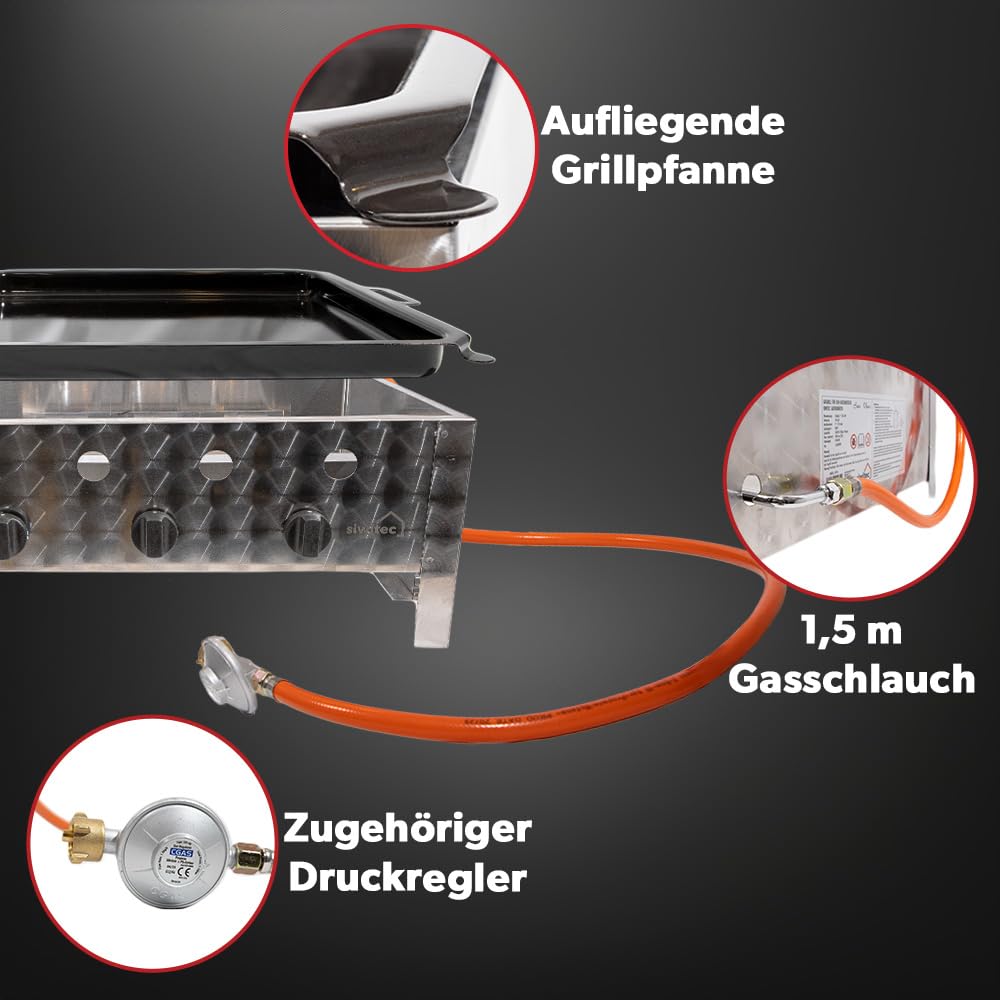 siwitec Gastrobräter, 3-flammig, Gastrogrill, Gasgrill, Wurstbräter aus Edelstahl – Profi Kombi-Bräter für Gastronomie, Imbiss & Catering, leistungsstarker Grill mobil, (B) 64 x (T) 52 x (H) 28 cm