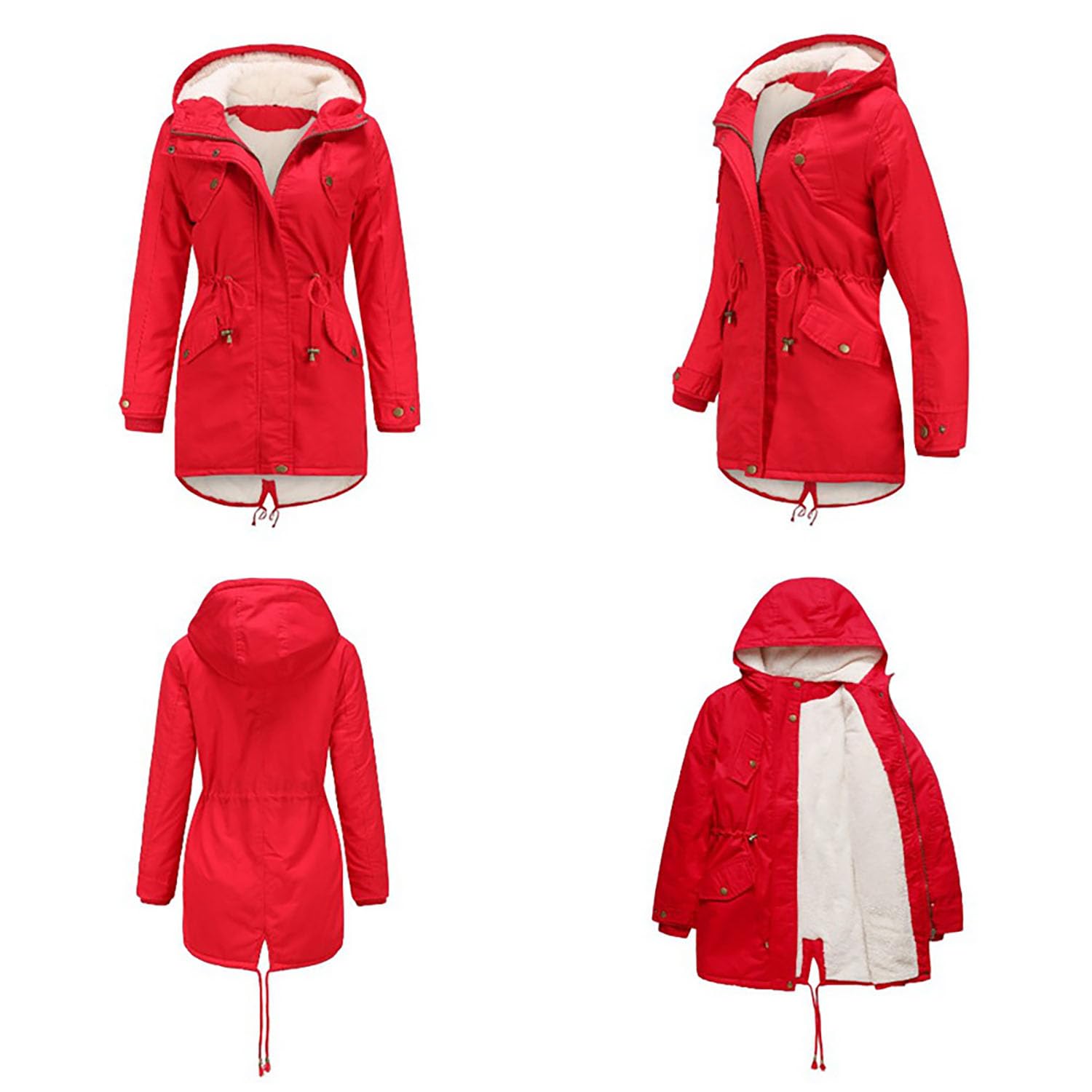 Damen Parka Mantel mit Kapuze Gepolsterte Baumwolljacke Damen Solide Fleece Gefüttert Warme Oberbekleidung für Radfahren, Wandern, Angeln, Bergsteigen,Red,XL(Bust:124cm)