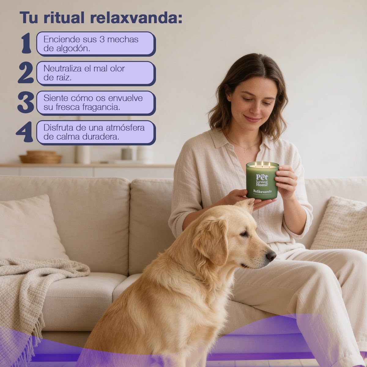Vela Aromática Relaxvanda 350 g - Aroma Lavanda - Neutraliza Olores - Cera Vegetal Soja y Coco - 3 Mechas - 60h Duración - Diseñada para Hogares con Mascotas