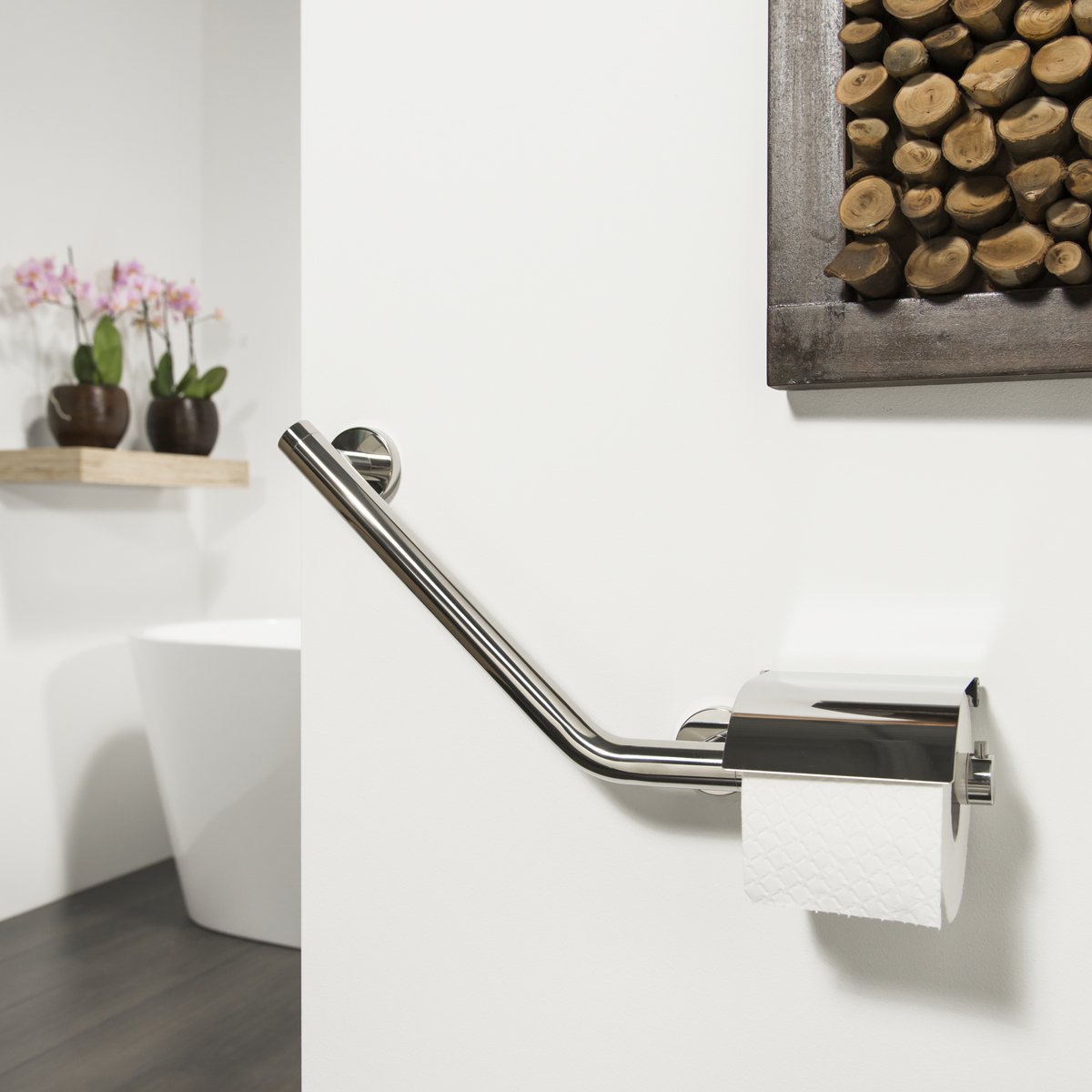 Tiger Boston Comfort & Safety Asidero de Baño con Portarrollos, Acero Inoxidable Pulido, Izquierdo