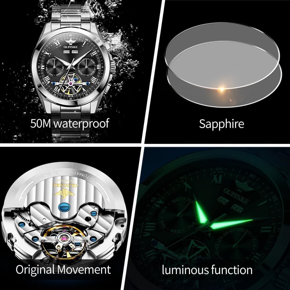 OUPINKE Watch for Men Automatic Wristwatch Sapphire Crystal Calendar Skeleton Luminous 3D Dial with 5ATM Waterproof Luxury Tungsten Steel Strap - Image 5