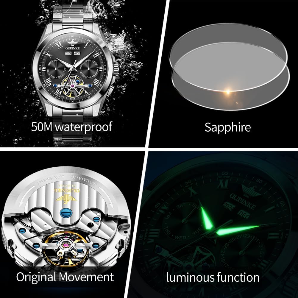 OUPINKE Watch for Men Automatic Wristwatch Sapphire Crystal Calendar Skeleton Luminous 3D Dial with 5ATM Waterproof Luxury Tungsten Steel Strap