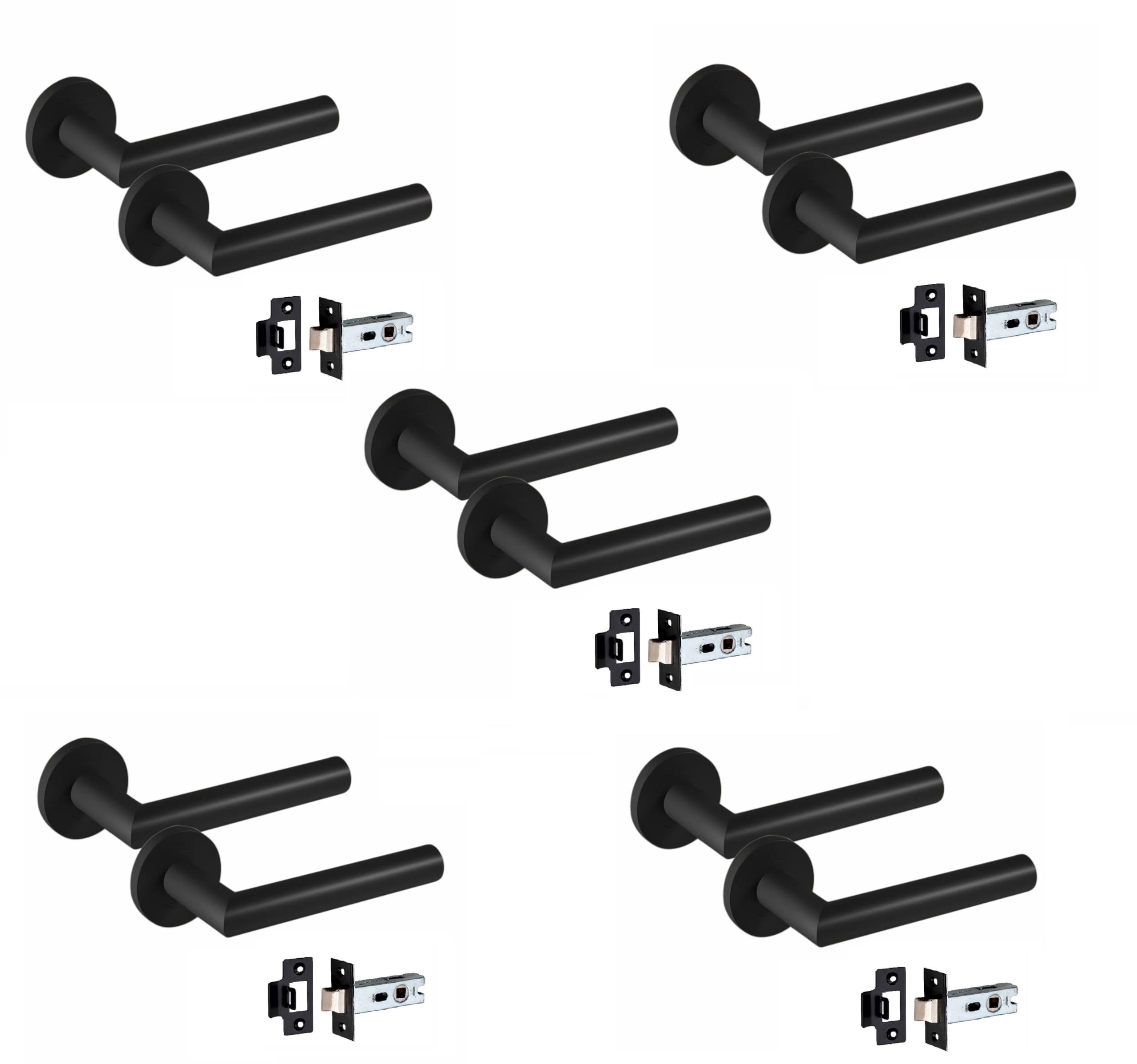 Golden Grace Mitred Matt Black Door Handle Pair With 2.5 Inch Tubular Latch 52Mm 5 Pack
