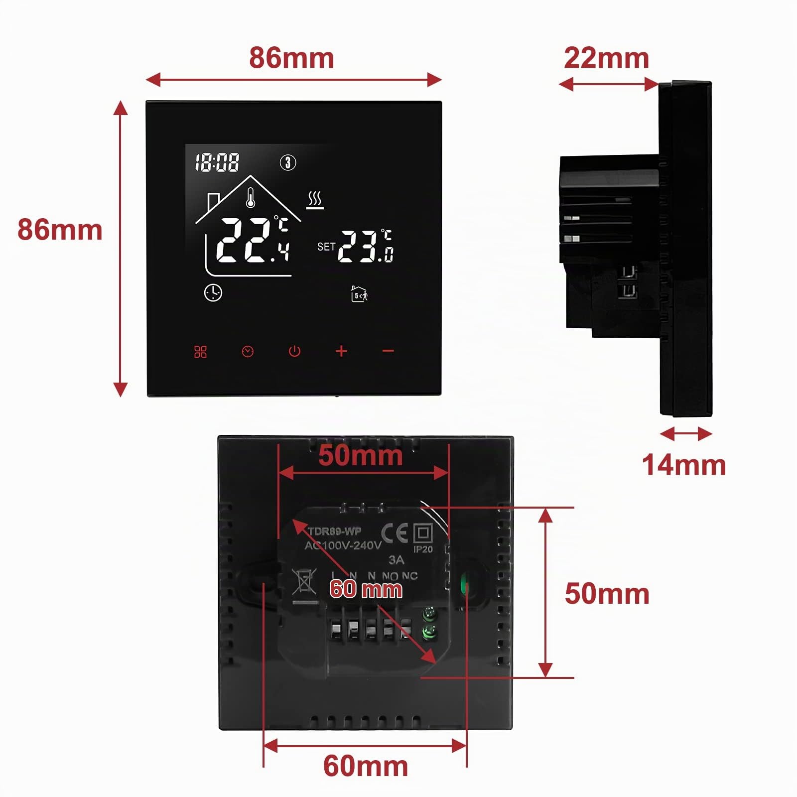 Beok Termostato Wifi Smart Ambiente per Riscaldamento Elettrico Settimanale Programmabile Senza Fili Con Sensore Esterno, Display LCD, Compatibile Alexa 16A TDR89B-WIFI-EP Nero