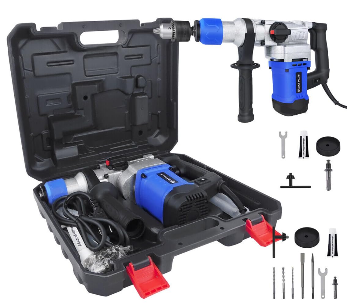 Kit marteau piqueur de démolition électrique 1500 W avec poignée rotative à 360°, 6 vitesses variables, avec graisse, burin, forets