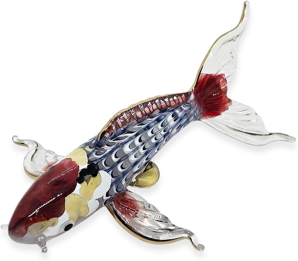 WitnyStore Tiny 5" Blue Red Gold Koi Fancy Carp Fish Figurine - Miniature Hand Blown Painted Glass Aquatic Animal Colorful Freshwater Ornamental Fishes Crystal Decorative Collectible Figure Décor Gift