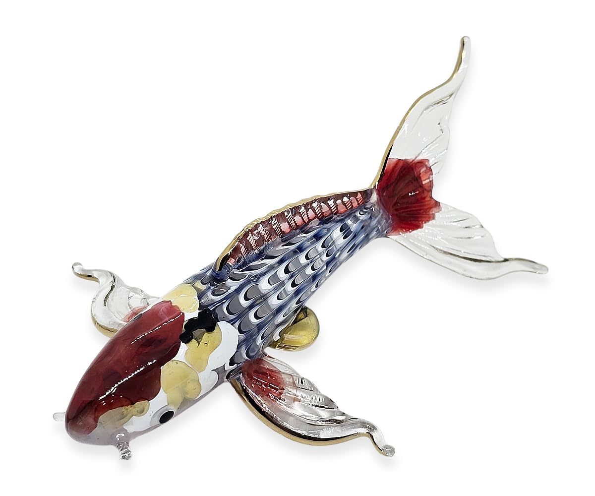 WitnyStore Tiny 5" Blue Red Gold Koi Fancy Carp Fish Figurine - Miniature Hand Blown Painted Glass Aquatic Animal Colorful Freshwater Ornamental Fishes Crystal Decorative Collectible Figure Décor Gift