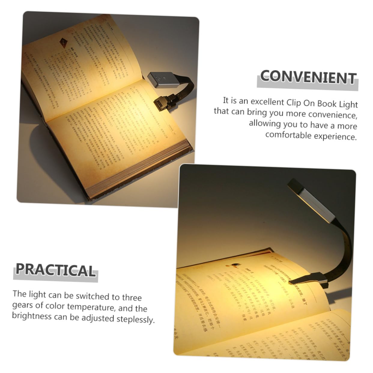 Lampada da Lettura LED Clip Doppia Ricaricabile Usb, Luce Regolabile a 3 Temperature, Leggera in Acrilico per Studio e Lettura Notturna