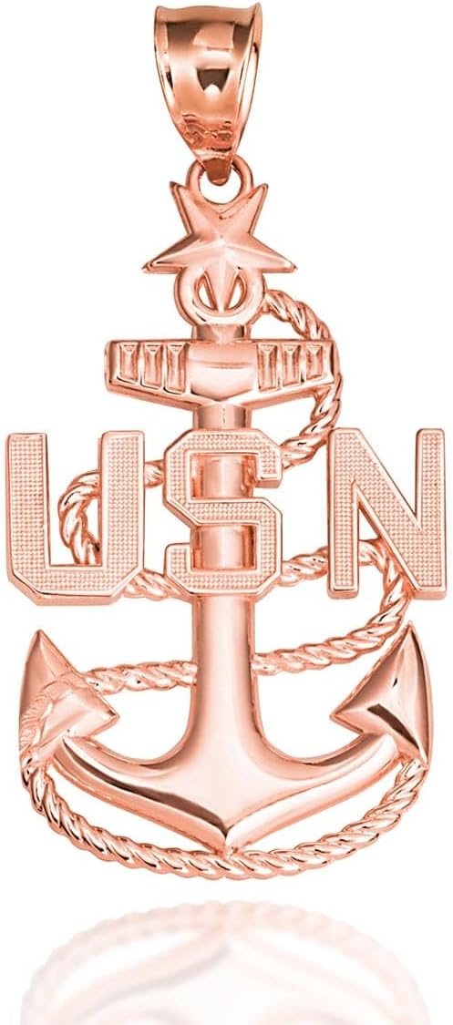 14K Yellow, White or Rose Gold 1-1/2” Officially Licensed United States Navy Fleet Senior Chief Petty Officer Anchor Emblem Pendant - Choice of Metal Color