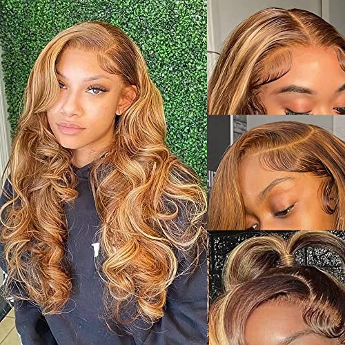 Honey Blonde Lace Front Wig Pre Plucked Ready to Wear 13x4 HD Glueless Body Wave Highlight Lace Front Wig for Women Natural Looking Synthetic Heat Resistant Fiber Hair Wig (26 Inch, Honey Blonde)