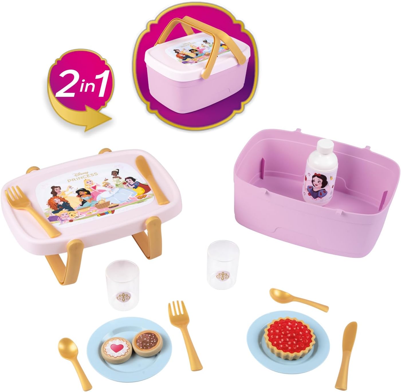 Smoby Disney Princesses 2-in-1 Picnic Basket - Transforms into a Side Table - 14 Accessories Included - Ages 3+