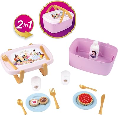 Smoby - Disney Princess 2-in-1 Picnic Basket - Converts into a Side Table - 14 Accessories Included - Ages 3+ - Made in Fr...
