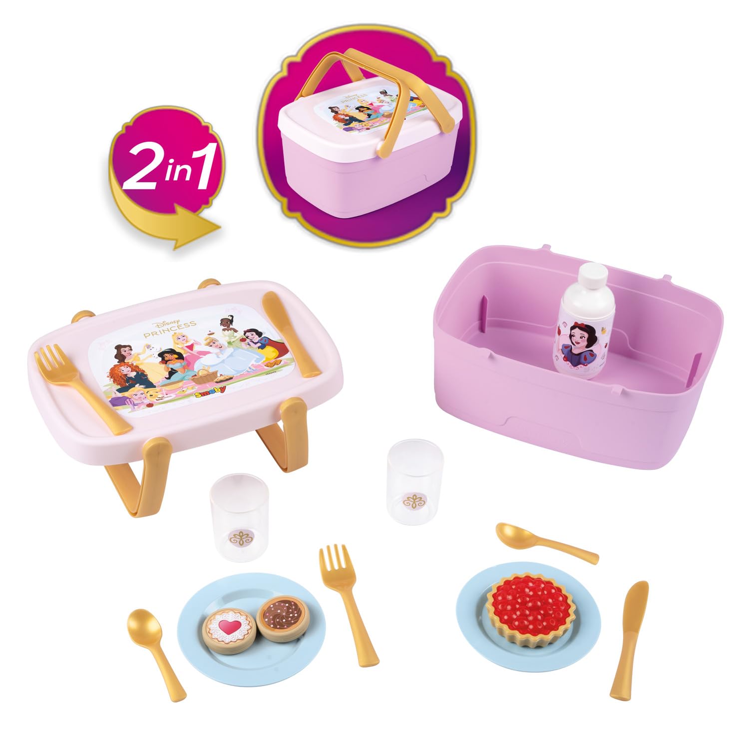 Smoby - Disney Princess 2-in-1 Picnic Basket - Transforms into a Side Table - 14 Accessories Included - Ages 3+ - Made in France