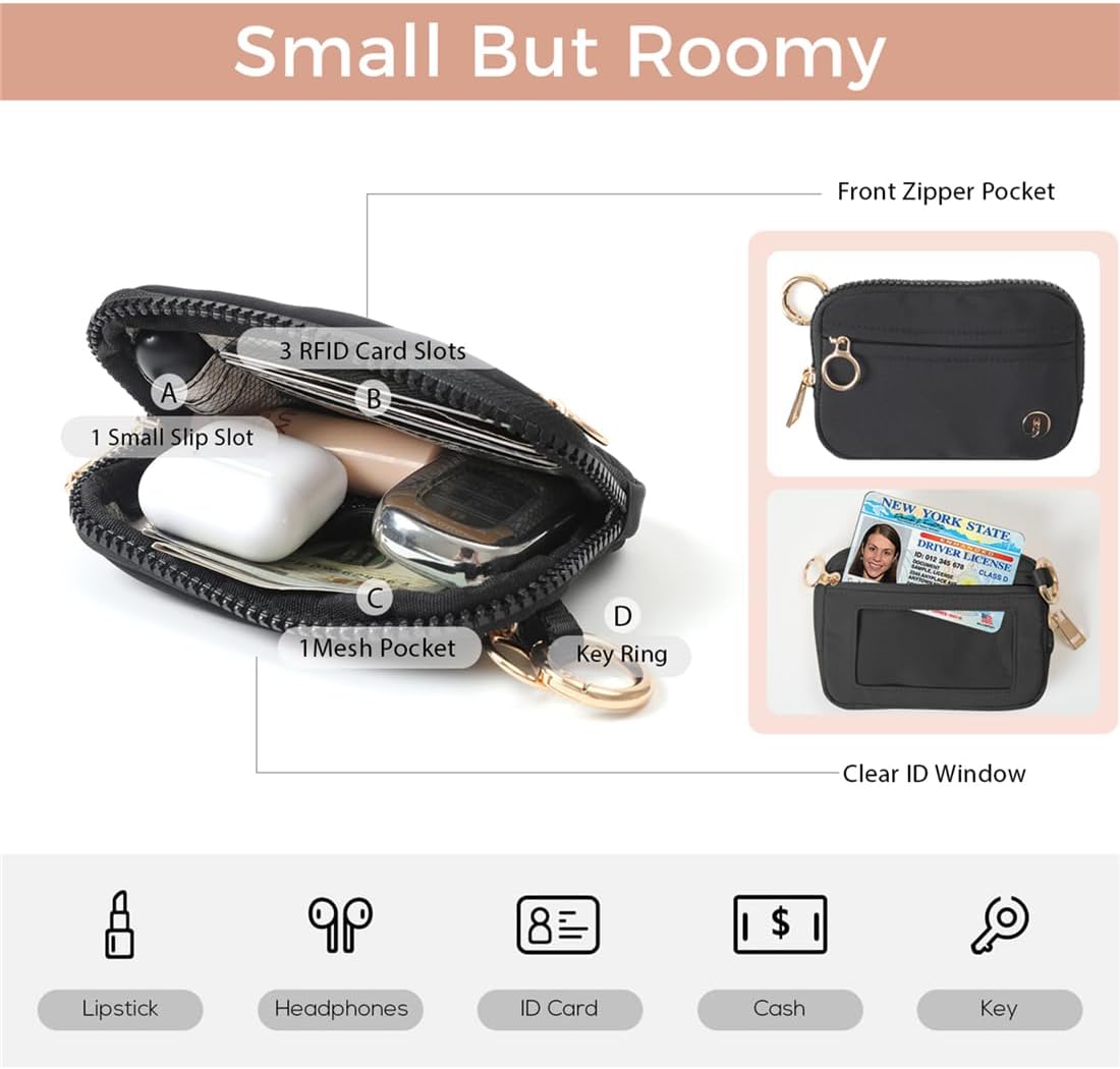 Wristlet Keychain Wallets for Women RFID Blocking Credit Card Holder Small Zipper Coin Purse Change Pouch with ID Window and Detachable Wrist Strap Black - Image 3
