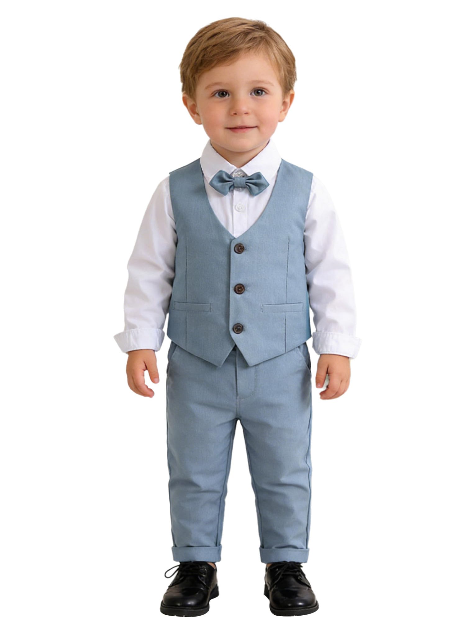 Hansber Baby Jungen Gentleman Smoking Anzug Fliege Hemd Weste Hose 4tlg Babykleidung Schicker Taufanzug Hellblau 80-86